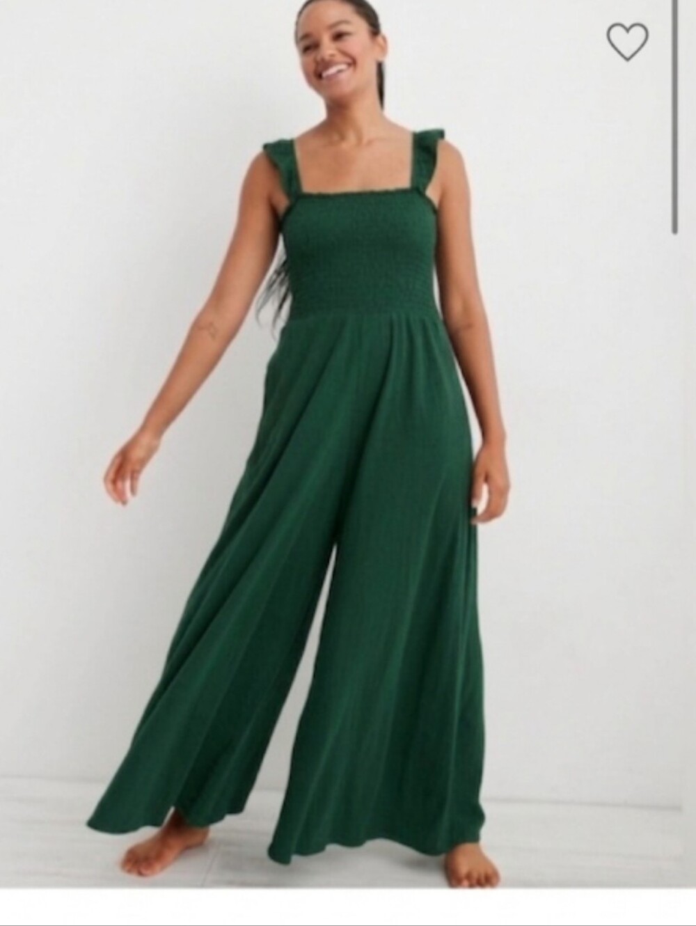 Aerie Green Smocked Wide Leg Jumpsuit Maxi Romper Boho Cottagecore XS